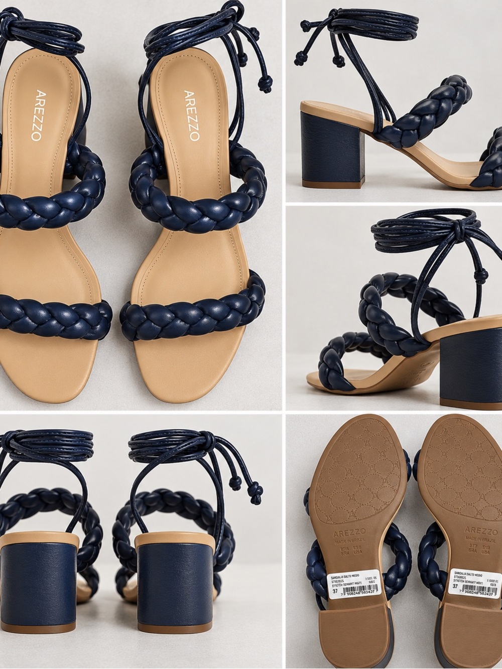 Arezzo Navy Braided Block Heel Sandals with Ankle Wrap Size 8